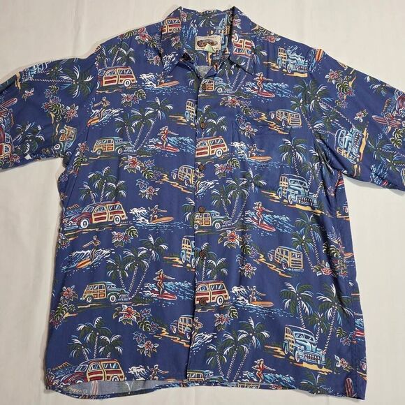 REYN SPOONER ART OF EDDY Y BLUE SURF HOT ROD HAWAIIAN CAMP SHIRT MENS MEDIUM - Picture 1 of 5